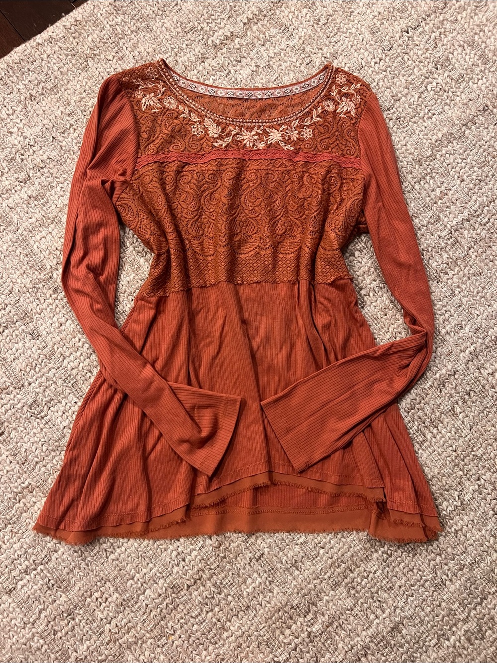 Knox Rose Rust Lace & Embroidered Long Sleeve Top